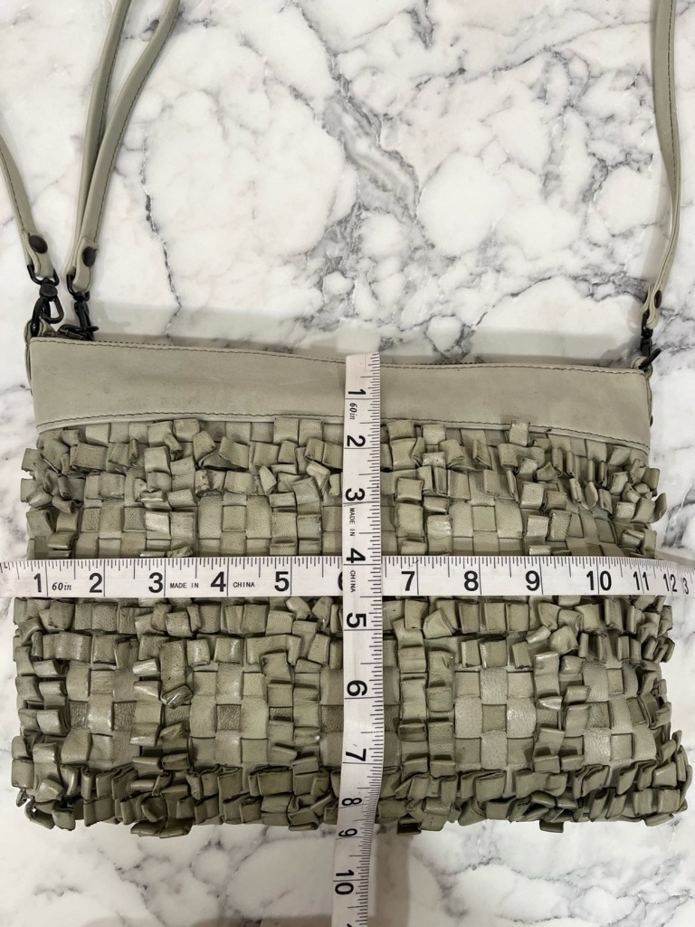 Hobo woven leather loop fringe crossbody bag Sage green convertible wristlet - Picture 6 of 14